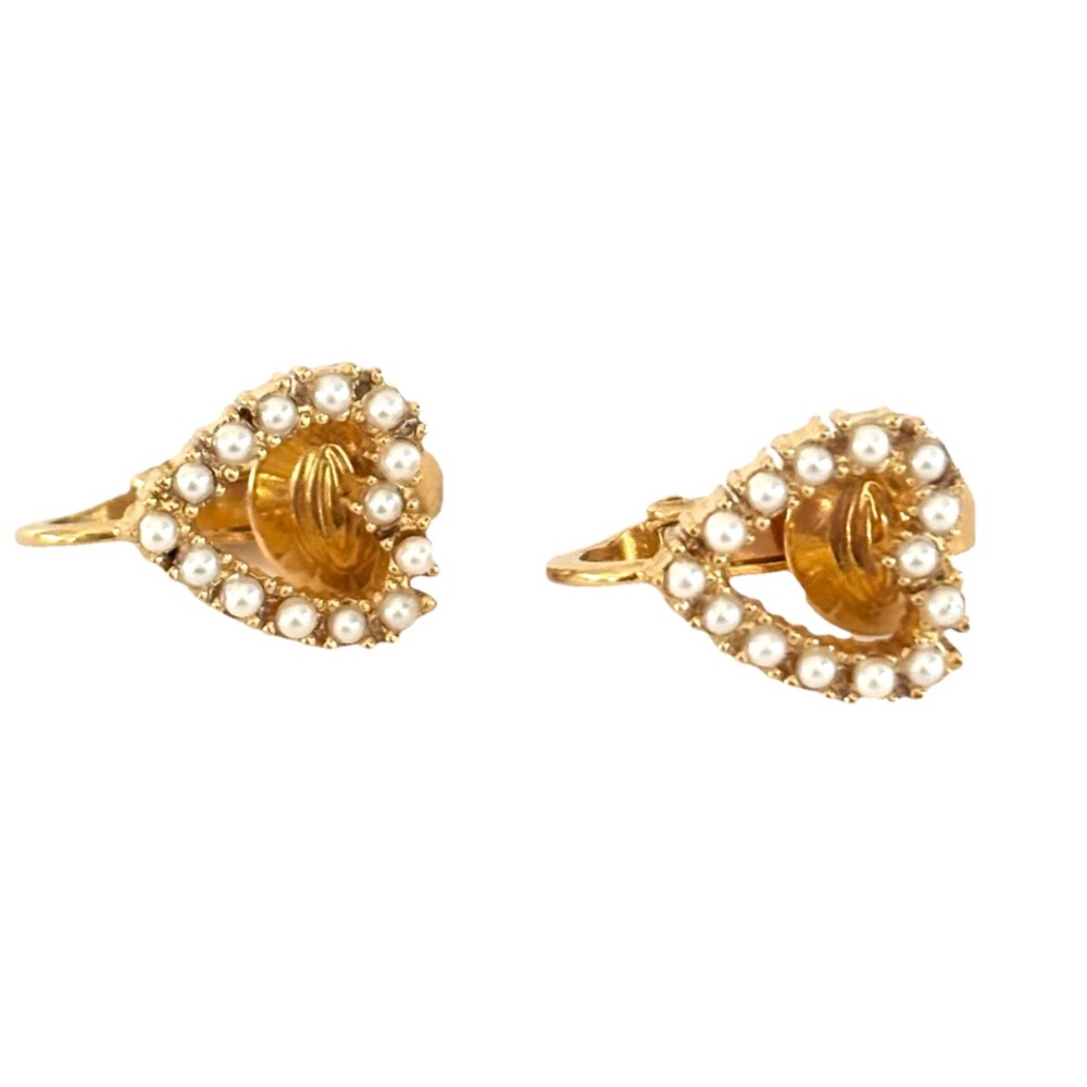 Vintage Open Gold Heart Pearl Clip On Earrings